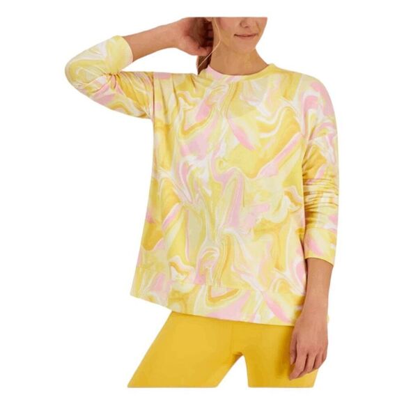 ID Ideology Whirl Print Active Top Yellow Pink White Crewneck Long Sleeve S - Picture 1 of 14